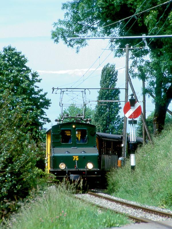 BC Museumsbahn Extrazug 75051 von Blonay nach Weiche-(Chaulin) am 23.05.1999 kurz nach Blonay mit E-Lok ex+GF+ Ge 4/4 75 - exRhB As 2 - exCEG C 230 - exCEG FZ 36. Hinweis: rechts steht eine Hipp´sche Wendescheibe.
