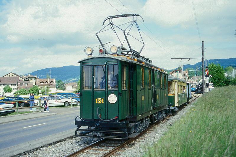 BC Museumsbahn Paradezug 51033 von Blonay nach Chamby am 24.05.1999 bei Blonay mit Gep�ckriebwagen exCGTE Fe 4/4 151 - exCGTE C4 370 - exAL K 87.
