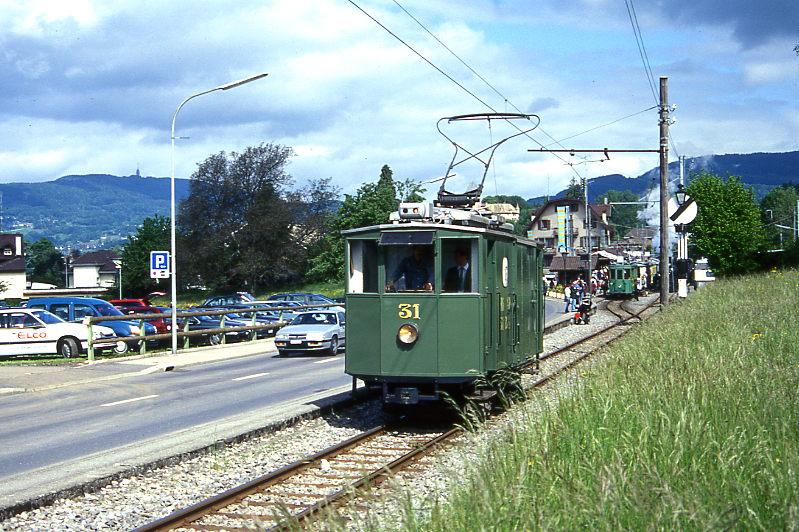BC Museumsbahn POSTZUG 31029 von Blonay nach Chamby am 23.05.1999 bei Blonay mit Post-Triebwagen exRhStB Ze 2/2 31. Hinweis: RhStB = Rheintalische Straenbahnen. 
