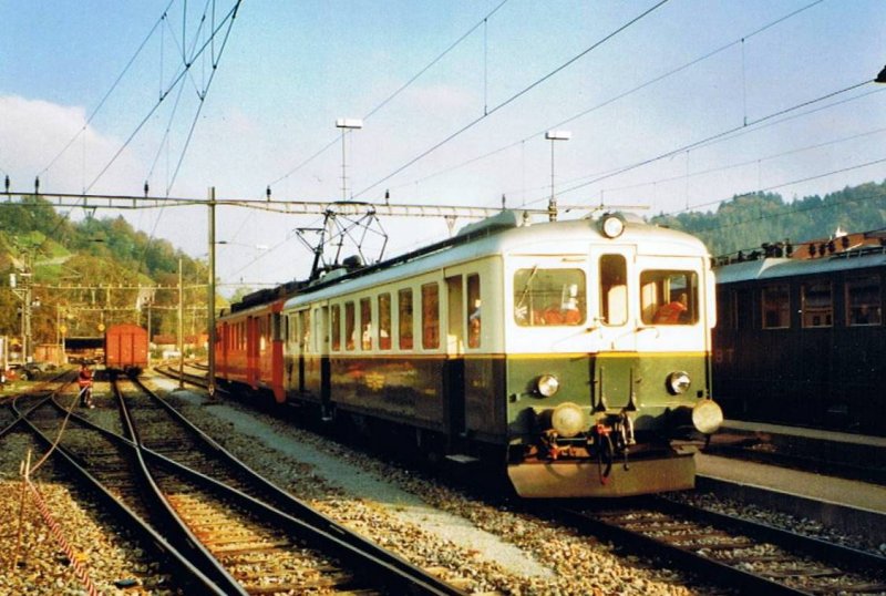 BDe 2/4 der WM und BDe 4/4 der SZU als Triebwagenzug beim Triebwagentreffen in Bauma im Oktober 2006.Hinweis:Gescanntes Foto.