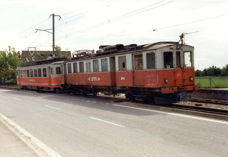 Be 4/4  521 + BDe 4/4 511( Letzte Fahrt ) unterwegs ins Depot Tuffelen zum Abruch im Mai 1990