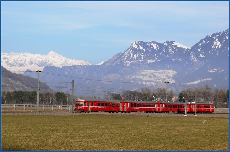 Be 4/4 Pendelzug bei Felsberg, vor der Kulisse der Scesapalna, begenet einem Fischreiher. (30.01.2009)