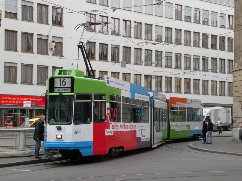 Be 4/6 S 1990 - 1991 Guggummere mit der Werbung fr die reformierte Kirche Basel Stadt an der Haltestelle Schifflnde. Aufgenommen am 26.02.2009.