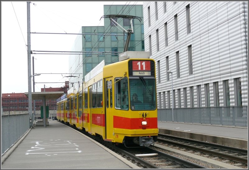Be 4/8 216 der BLT nach Aesch an der Haltestelle Peter Merian Haus. (08.04.2008)