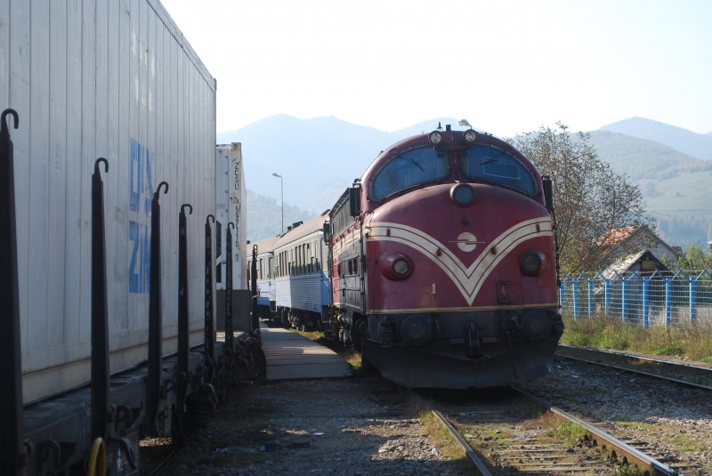 Bei 33 Grad im Schatten hat es sich Lok 007 der Kosovo Railways im Schatten einiger Gterwagen gemtlich gemacht. Sie wartet am Morgen des 10.10.09 im Grenzbahnhof Hani i Elezit / Djeneral Jankovic auf die Rckfahrt nach Fushe Kosove / Kosovo Polje.