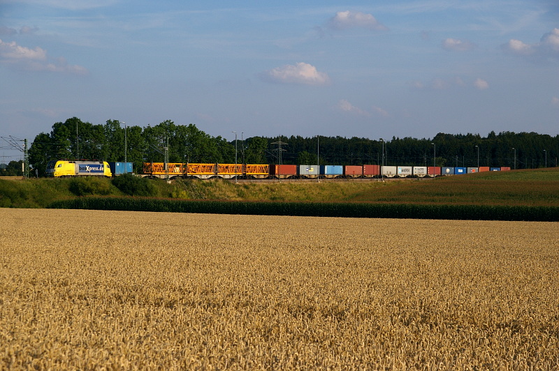 Bei Beimerstetten wartet am 10. September 2009 eine Dispolok-182 mit ihrem Gterzug auf die Einfahrt in den Bahnhof. Sie befindet sich auf dem Weg nach Stuttgart.