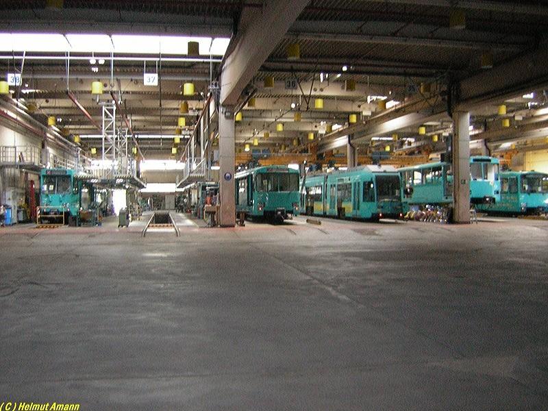 Bei der Besichtigung und F�hrung durch die Stadtbahn-Zentralwerkstatt im Rahmen einer Sonderfahrt am
03.09.2005 pr�sentieren sich in der Halle von links nach
rechts folgende Fahrzeugtypen: Pt, U2, R, U2 und U3, aus
zeitlichen Gr�nden konnte ich die Fahrzeugnummern leider
nicht registrieren.
