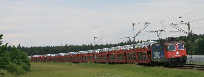 Bei einem Unglck wrde das teuer werden: 421 394 zieht einen ewigen Autozug in Richtung Karlsruhe. Die Aufnahme entstand an der KBS 700 zwischen Neuluheim und Waghusel am 23.05.08.