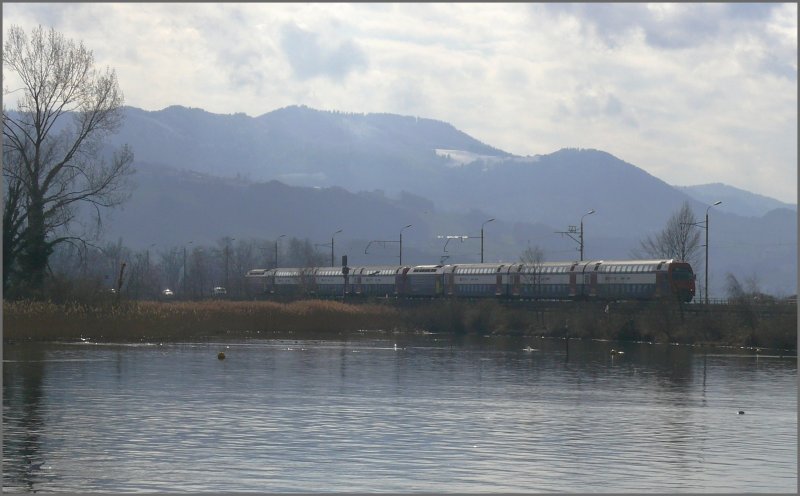 Bei starkem Gegenlicht nhern sich auf dem Damm von Rapperswil zwei S-Bahn Einheiten. (18.03.2008)