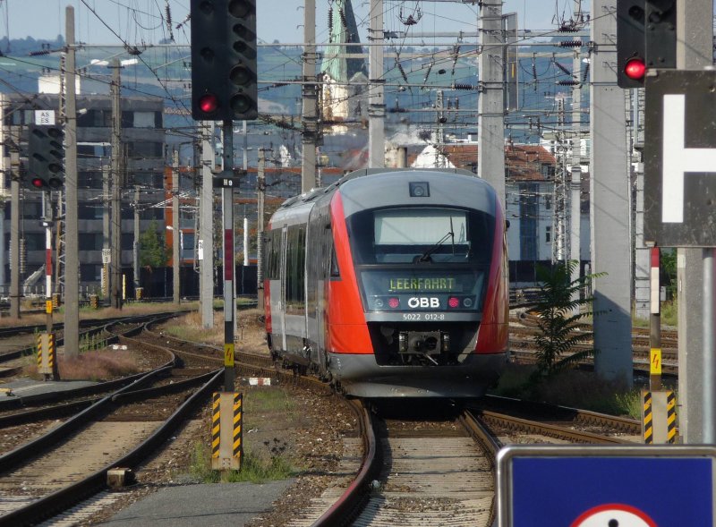 Beim Verlassen des Linzer Haupfbahnhofs wurde dieses Foto vom modernen Dieseltriebwagen Baureihe 5022 012-8 gemacht. (21.08.08)