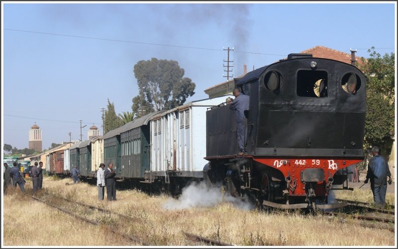 Beobachtet von viel Personal, stellt Malletlok 442.59 zwei gemischte Zge im Bahnhof von Asmara zusammen. Als ehemalige italienische Kolonie ist der italienische Einfluss gerade bei der Eisenbahn unbersehbar. (28.10.2008)