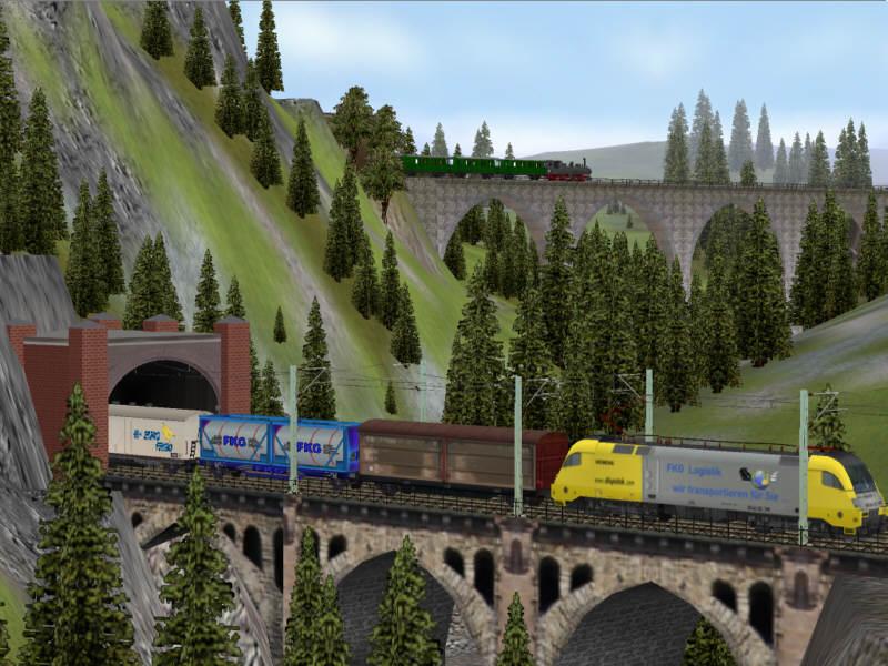 Bergwelt mit Eisenbahn-Brcken in einer mit der Modelleisenbahn-Simulation EEP erstellten Anlage, ohne konkretes Vorbild. 