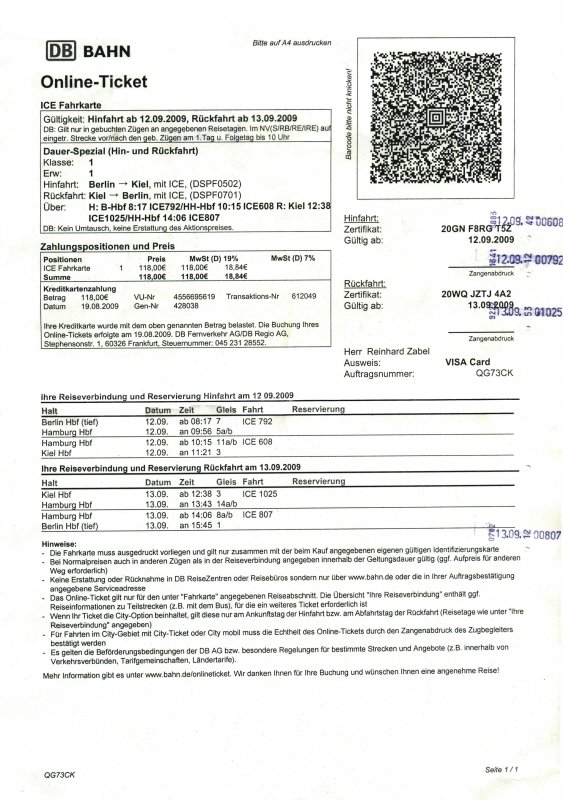 BERLIN, 12.09.2009, Online-Ticket für eine Fahrt von Berlin nach Kiel und zurück -- Fahrkarte eingescannt
