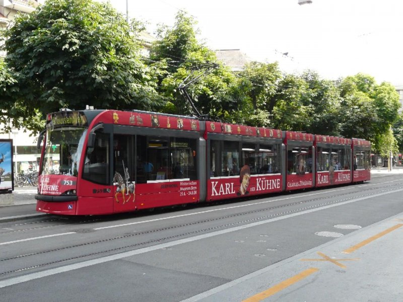 Bern mobil - Be 4/6 753 mit Teilwerbung unterwegs auf der Linie 9 am 05.07.2008