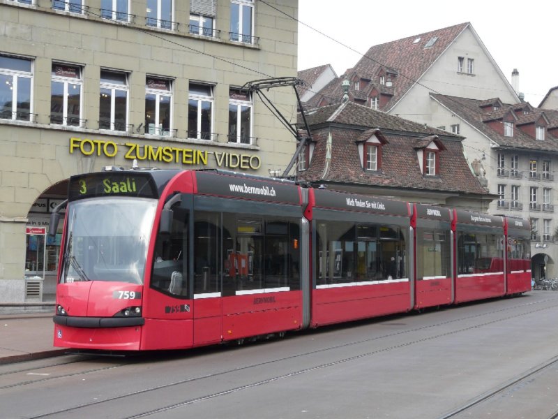 Bern Mobil - Combino Tram 759 eingeteilt auf der Linie 3 Saali am 03.01.2008