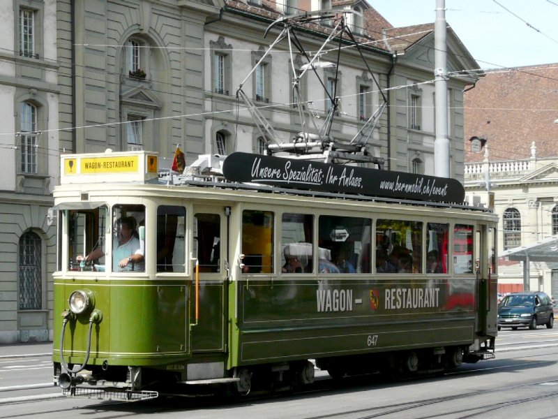 Bern mobil - Oldtimer Tram Wagon-Restaurant  Be 4/4 647 unterwegs in Bern am 05.07.2008