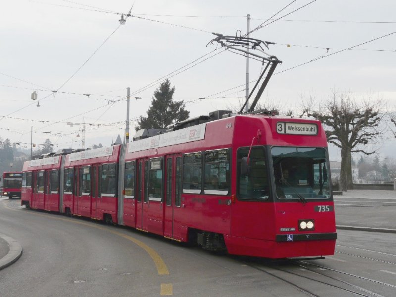 Bern mobil - Tram Be 4/8 735 unterwegs auf der Linie 3 Weissenbhl am 03.01.2008