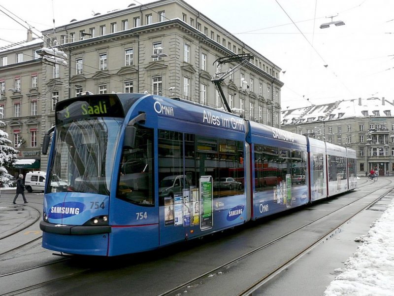 Bern mobil - Tram Be 4/6  754  unterwegs auf der Linie 3 in Bern am 12.12.2008