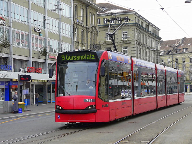 Bern mobil - Tram Be 4/6  751 unterwegs auf der Linie 9 am 28.12.2008