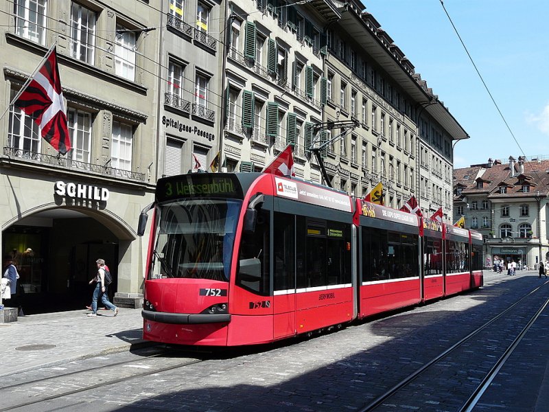 Bern mobil - Tram Be 4/6 752 unterwegs auf der Linie 3 in der Stadt Bern am 03.05.2009