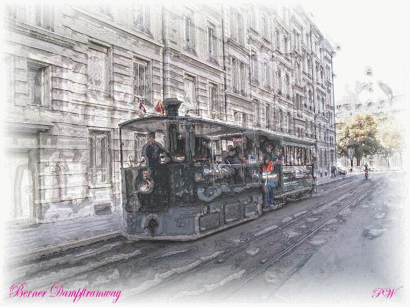 Berner Dampftramway,Dampftram in der Wallgasse am 13.10.2002,das etwas spezielle Bild!