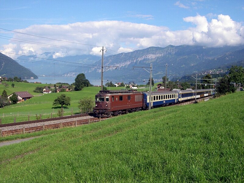 Berner Oberland 2007 - Die BLS Re 4/4 162  Court  steht am 03.08.2007 als Traktion dem  BLS Golden-Pass-Panoramic  zur Verfgung. Als RE 3137 Interlaken Ost - Zweisimmen passiert sie am spten Nachmittag des Tages Faulensee in Richtung Spiez.