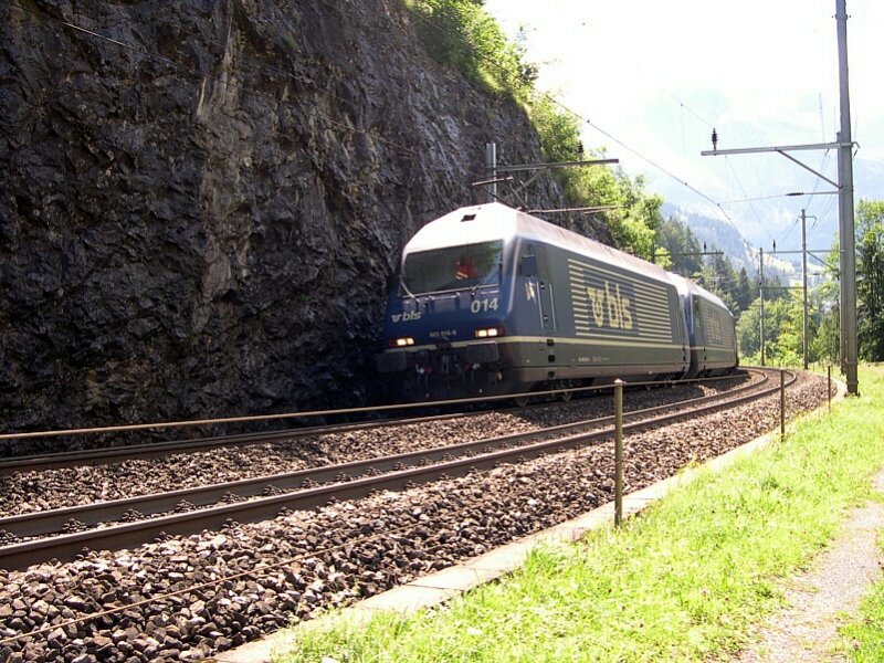 Berner Oberland 2007 - In Richtung Sden fahren die beiden BLS Re 465 014 und 015 am 25.07.2007 in der Nhe des Frtenviadukts an der Ltschberg-Nordrampe. Bilder, die ab Dezember rar werden drften. Ab dem 09.12.07 sollen alle Zge durch den Ltschberg-Basistunnel fahren. Nur die Regioexpress-Zge Bern-Brig fahren noch  ber den Berg . Ebenso Gterzge die versptet sind, und dadurch ihren  Slot  verpassen. Letztere drften aber eher selten vorkommen.