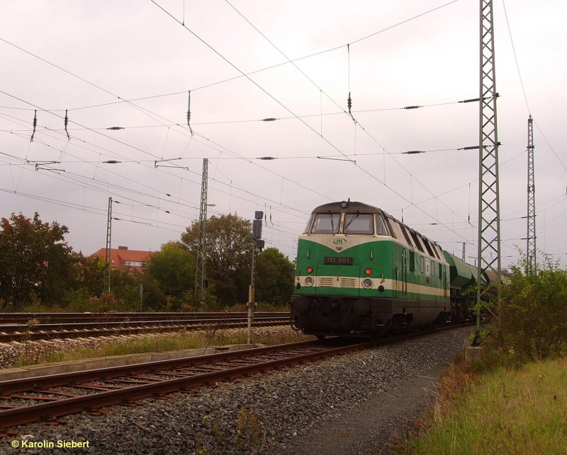 Besonderer Besuch Smmerda: 118 001 von ITL mit Gterwagen am 03.10.2007
