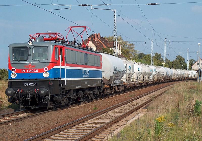Bf Angersdorf am 07.09.04.: 109 028-1 der PE-Cargo mit ihrem leeren Zementzug nach Deuna.