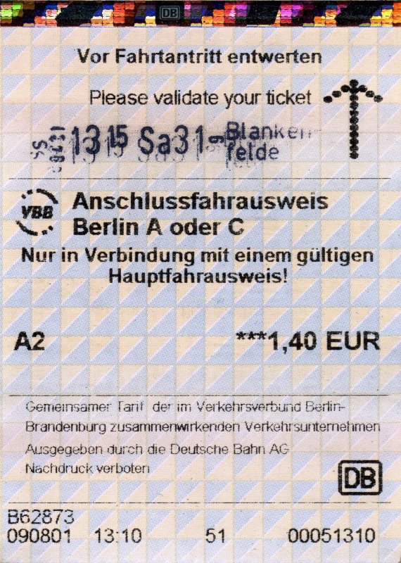 BLANKENFELDE-MAHLOW (Landkreis Teltow-Fläming), 01.08.2009, Anschlussfahrausweis Berlin A oder C für Zeitkarteninhaber, gelöst am Automaten auf dem Bahnhof Blankenfelde -- Fahrkarte eingescannt
