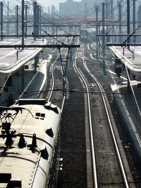 Blick auf das Schienenwirrwarr in sdlicher Richtung von der Fugngerbrcke, welche zu den verschiedenen Bahnsteigen fhrt, im Bahnhof Lige Guillemins. 17.02.08   