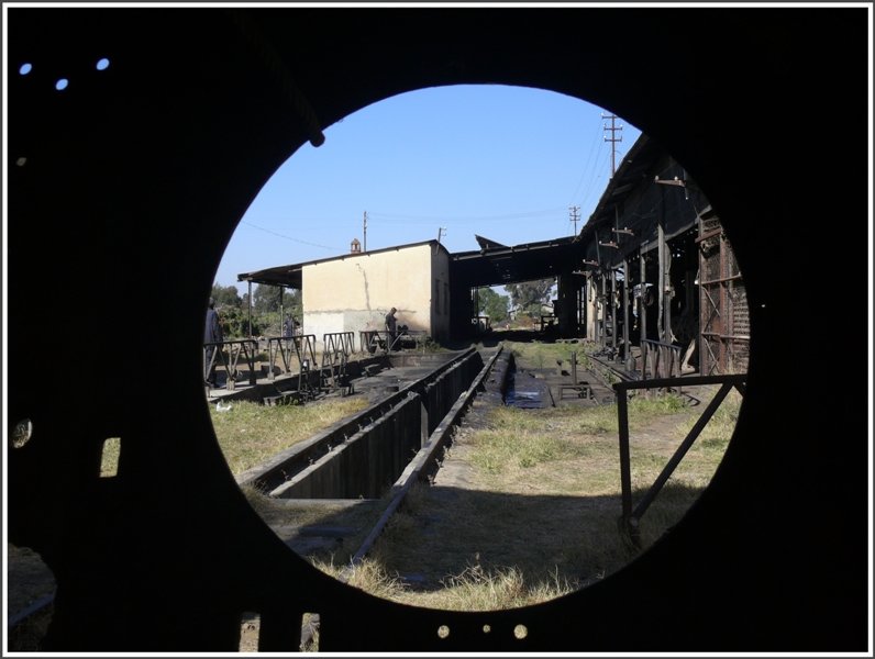 Blick aus dem Fhrerhaus der 202.009 auf eine Kontrollgrube des Dampflokdepots Asmara. (28.10.2008)