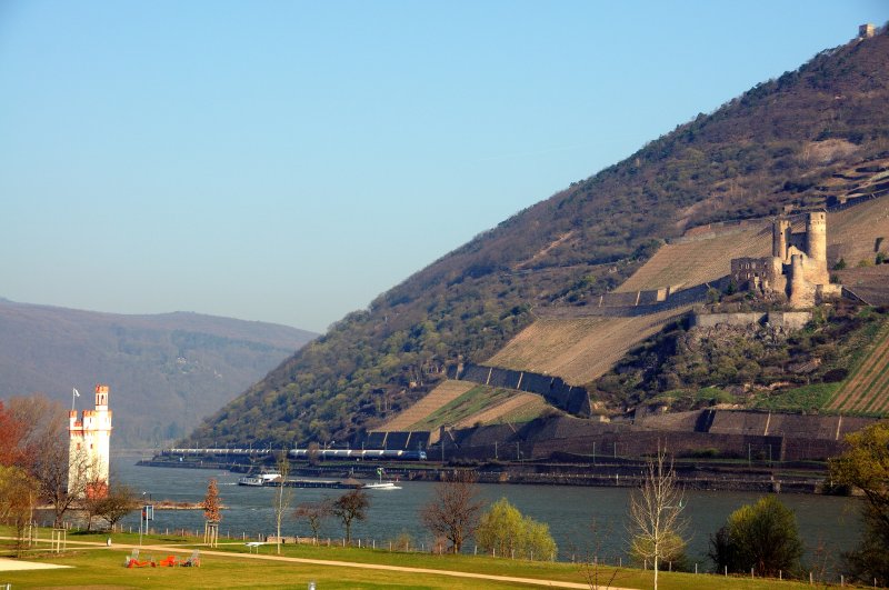 Blick von der Bahnhofsberfhrung in Bingen am Rhein auf den Museturm und auf der rechten Rheinseite, auf Burg Ehrenfels. Dazwischen, auf der KBS 466, einer der beiden MWB-Tauri, unterwegs mit einem Kesselwagenzug, Richtung Rdesheim am Rhein. (April 2009).