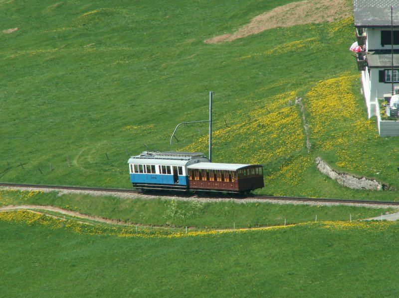 Blick von Rigi-Staffel,Triebwagen Nr.7 mit Vorstellwagen auf der Talfahrt nach Goldau.23.05.09