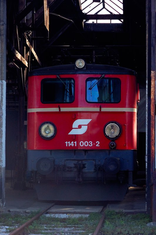 Blick in das Rundhaus Europas im Bahnpark Augsburg mit der sterreichischen Museumslok 1141 003-2. Die BB hatten 30 Elektrolokomotiven der Baureihe 1141 im Dienst, welche u.a. von Wien die berhmte Semmeringbahn Richtung Graz oder die Westbahn Richtung Salzburg befuhren. Letzte Loks waren bis Ende 2003 in Attnang-Puchheim bzw. Selzthal im Einsatz.
