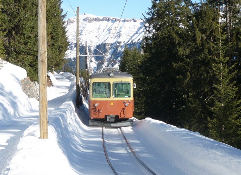 BLM - Triebwagen BDe 4/4 22 unterwegs bei Mrren am 04.01.2009