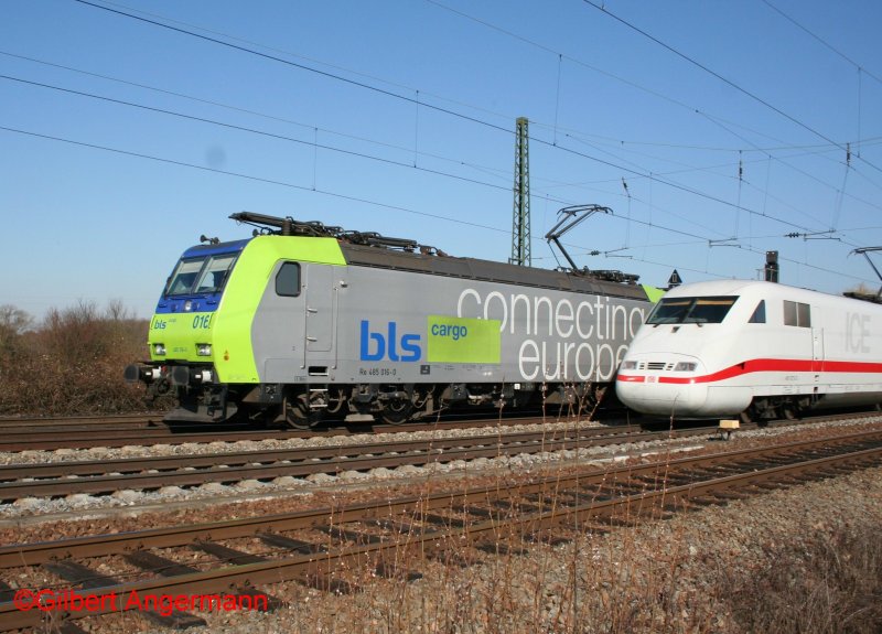 BLS Re 485 016-0 und ICE 401 073-2 begegnen sich am 24.02.2008 in Niederschopfheim. Strecke: Freiburg-Offenburg.
Der ICE war leider auf der Stirnflche mit Grafitti beschmiert.