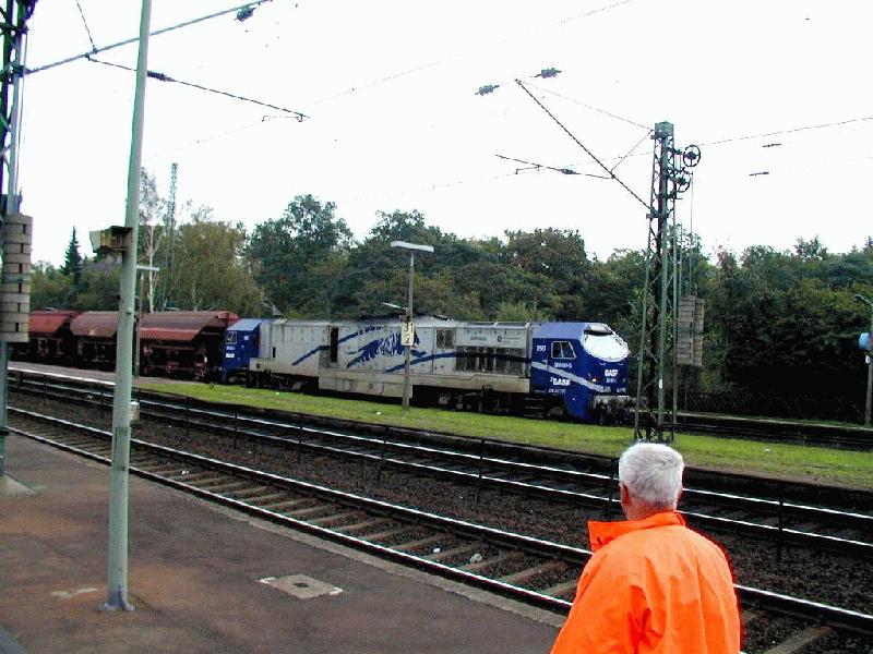 Blue Tiger vor BASF-Ganzzug mit Schttgterwagen im Bahnhof Frankfurt (M) Sportfeld Fahrtrichtung  Riedbahn 