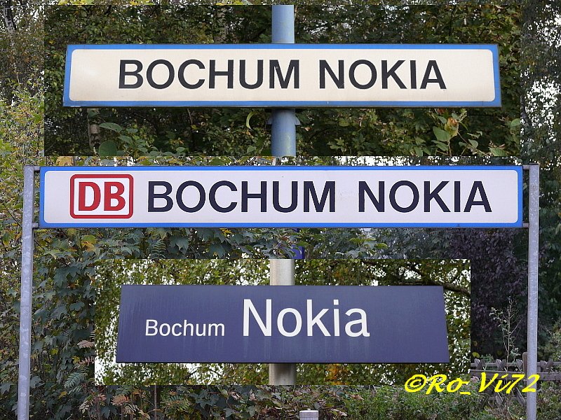 Bochum-NOKIA ist ein kleiner Haltepunkt, aber es gibt drei verschiedene Schilder (!). 23.10.2007.