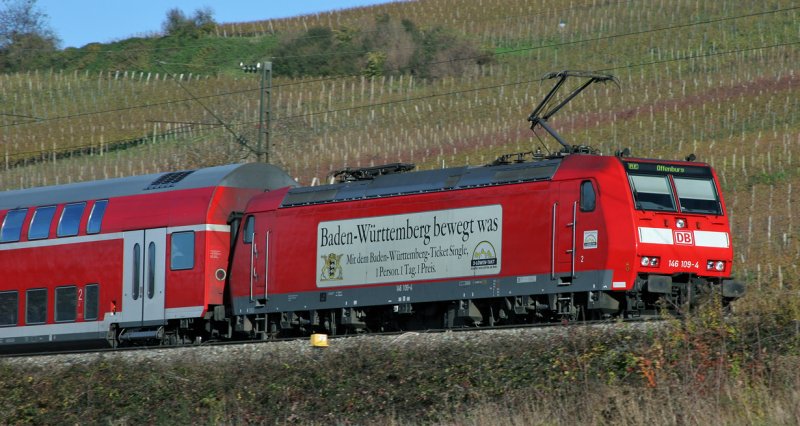 BR 146 109 mit Pendelzug auf dem Weg nach Offenburg (Nov. 2006)