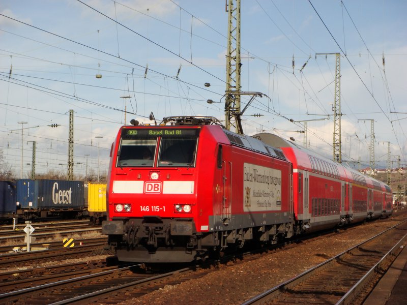 BR 146 115-1 mit RE Offenburg-Basel Bad. Bhf am 17.1.208 bei Weil am Rhein.