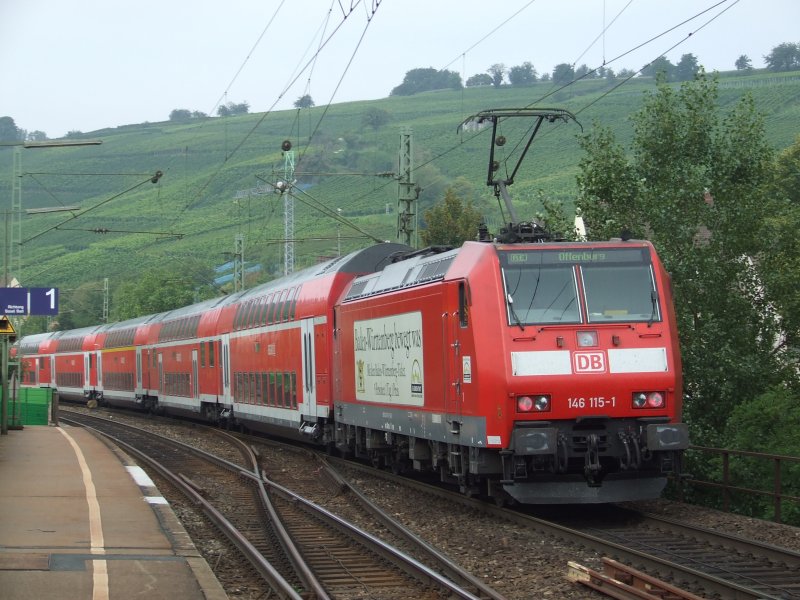 BR 146 115 schiebt einen RE nach Offenburg aus Efringen-Kirchen am 28.08.2008.