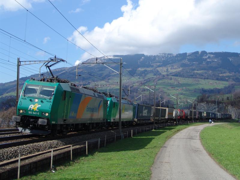 Br 185 541-0  European Bulls  und eine weitere Br 185 am 25.3.05 bei der Einfahrt in Schwyz