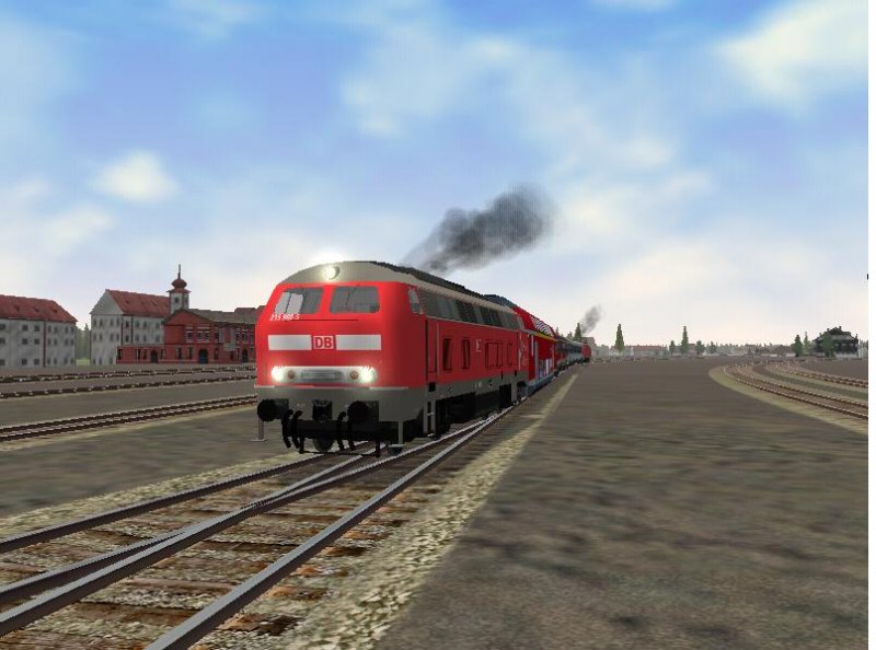 BR 215 908-5 in Innsbruck. Die Lok hab ich von trainsim.netshadow.at. Die beiden roten Wagen sind von PT7, die mintgrnen Wagen hab ich von the-train.de.