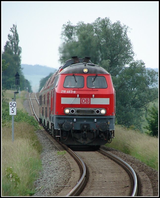 Br 218 463 mit dem G-8 Ersatzverkehr am 03.06.07 aus Bad Doberan nach Rostock. Aufgenommen wurde das Bild in Gro Schwa. 

