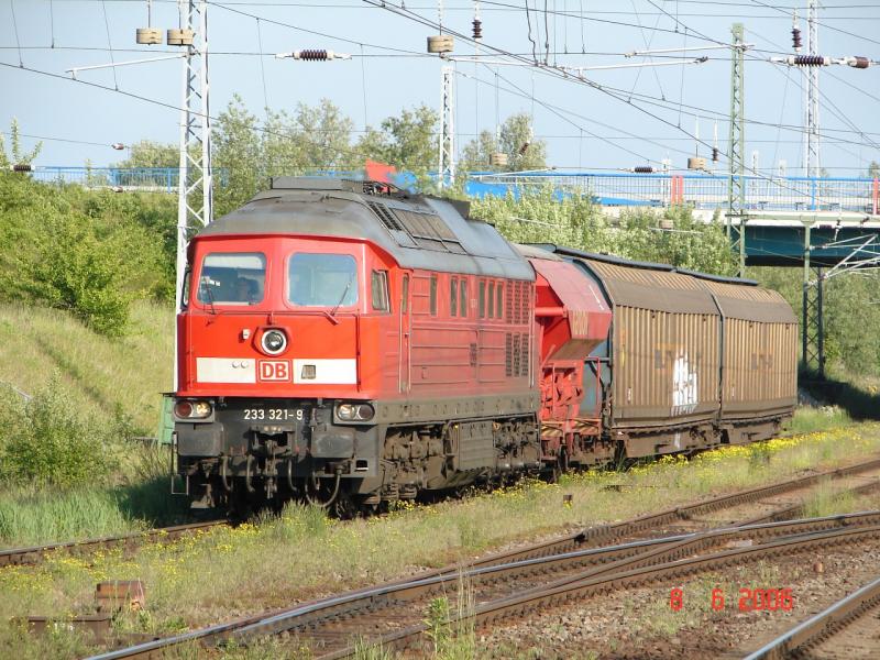 BR 233 321-9 bei der Einfahrt zum Seehafen aus Richtung Bentwisch. 8.6.06