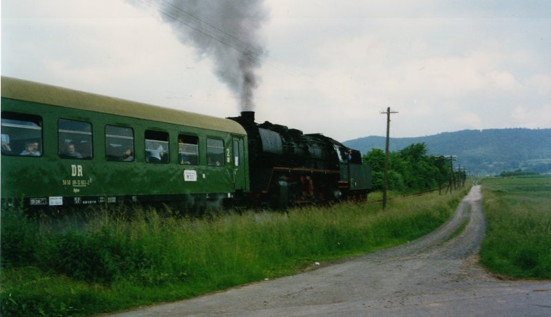 BR 50 mit REKO-Zug der DR auf der Strecke Wanfried-Eschwege (Abschiedsfahrt), um 1991