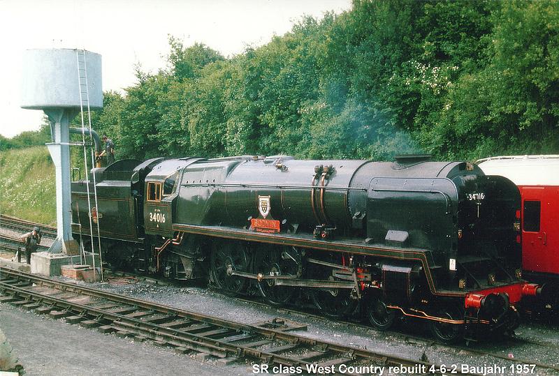 BR Schnellzuglok 4-6-2 West Country Class ex SR. Nach der Entfernung der Stromlinienverkleidung und dem Einbau einer Walschaertsteuerung.
Eingestellt und betriebsfhig bei der Mid-Hands Railway in Ropley.