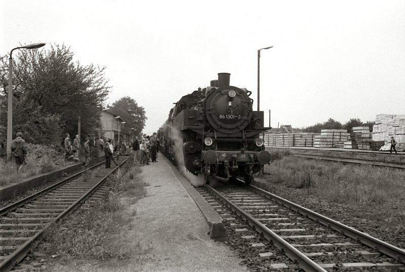 BR86 (in Doppeltraktion) vor Sonderzug von Drrrhrsdorf nach Pirna im Bahnhof Lohmen, um 1988
