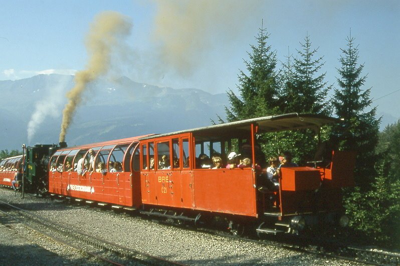 BRB Brienzer Rothornbahn - Dampf-Zug 5a von Brienz nach Rothorn am 09.08.1994 in Planalp mit C 21 - B 4 - Zahnrad-Dampflok H 2/3 7. 

